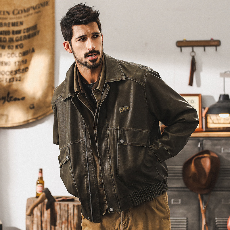 美式復古皮衣外套男秋季2024新款寬鬆工裝皮夾克男硬漢痞帥機車服