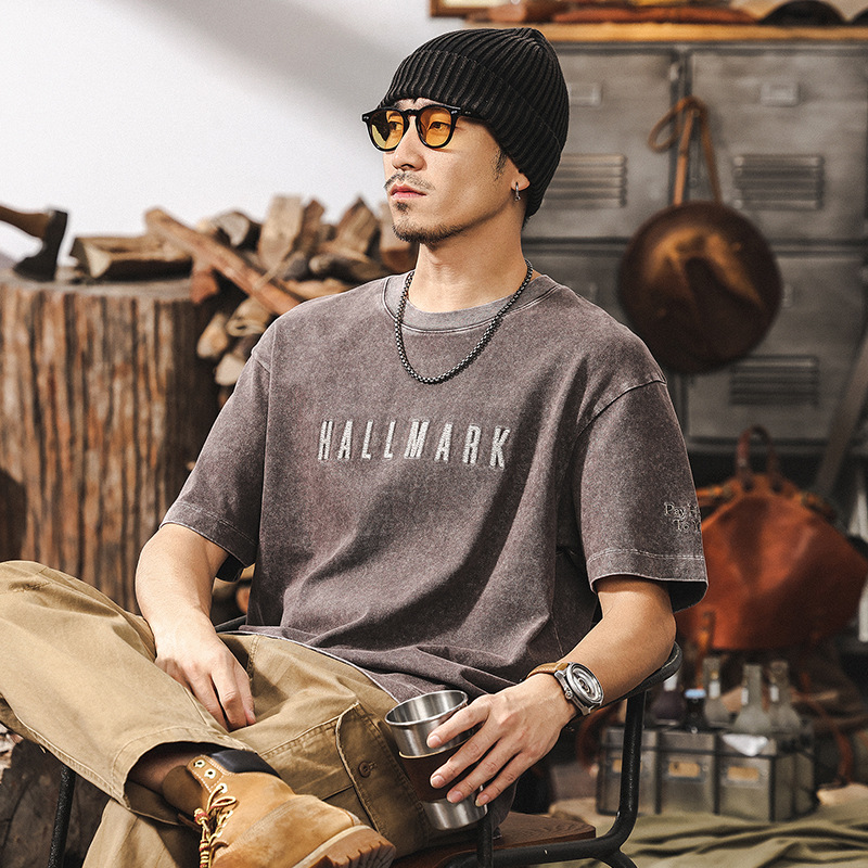 水洗刺繡T恤男士夏季2025新款短袖男寬鬆美式復古休閒上衣男