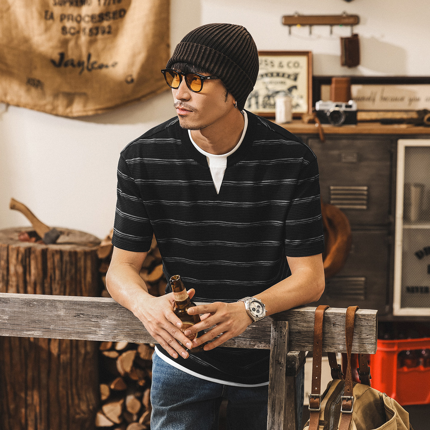 假兩件疊穿提花條紋男士短袖T恤夏季2026新款美式復古寬鬆上衣男