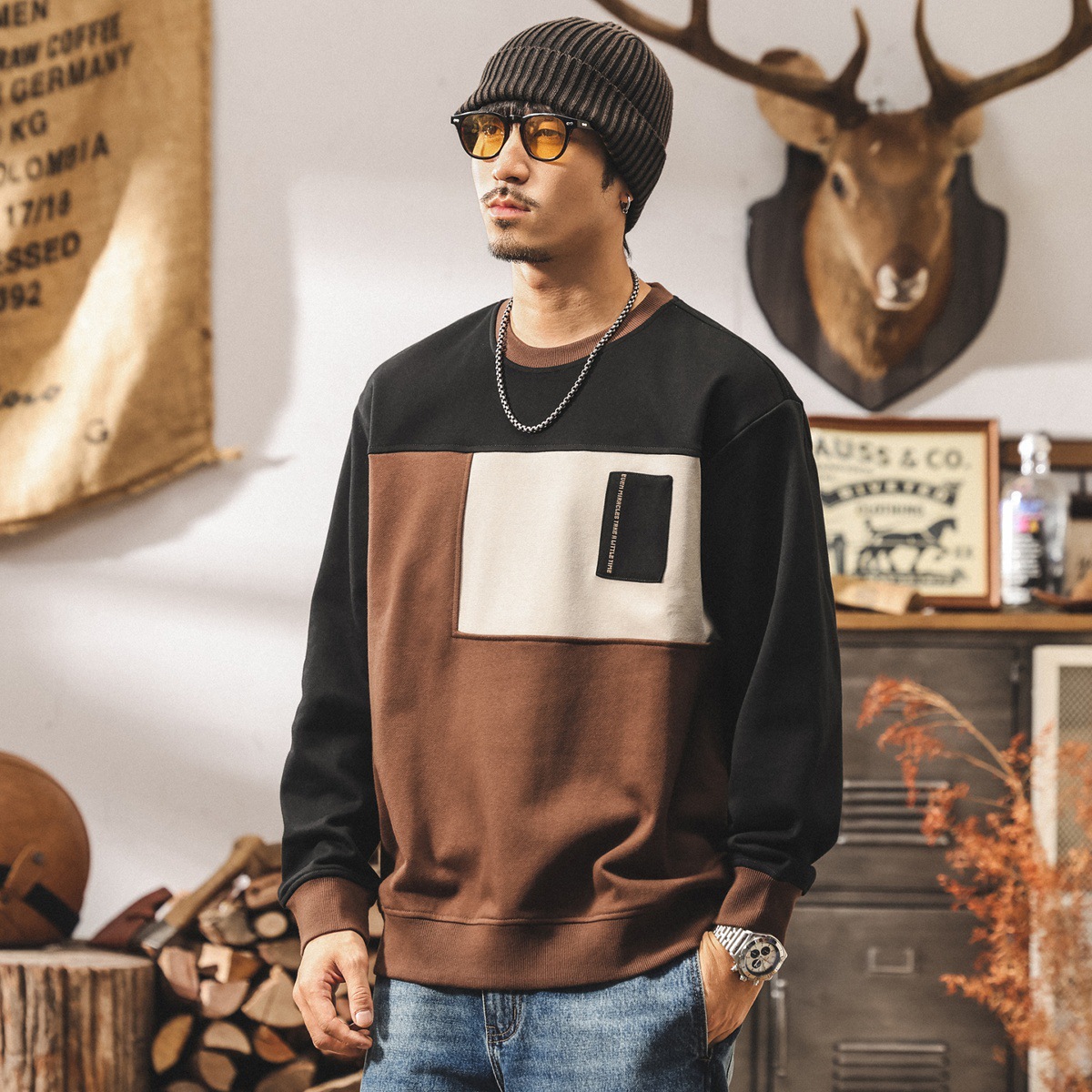 美式復古390g重磅衛衣男春秋款寬鬆大碼潮牌拼接休閒男生秋季上衣