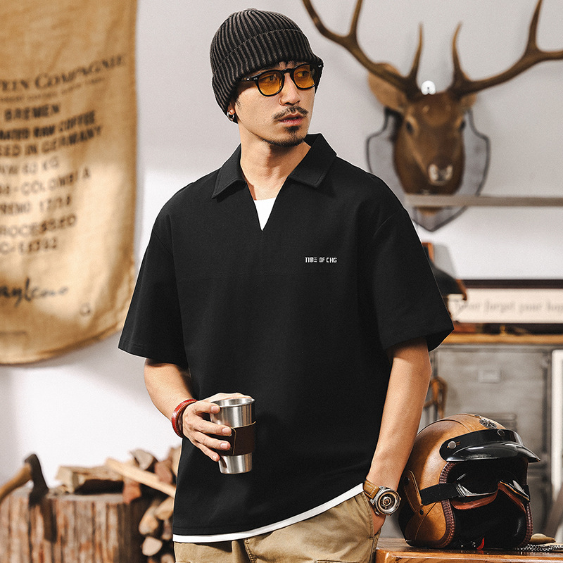 假兩件V領T恤男夏季涼感短袖上衣2025新款潮牌美式復古男士POLO衫