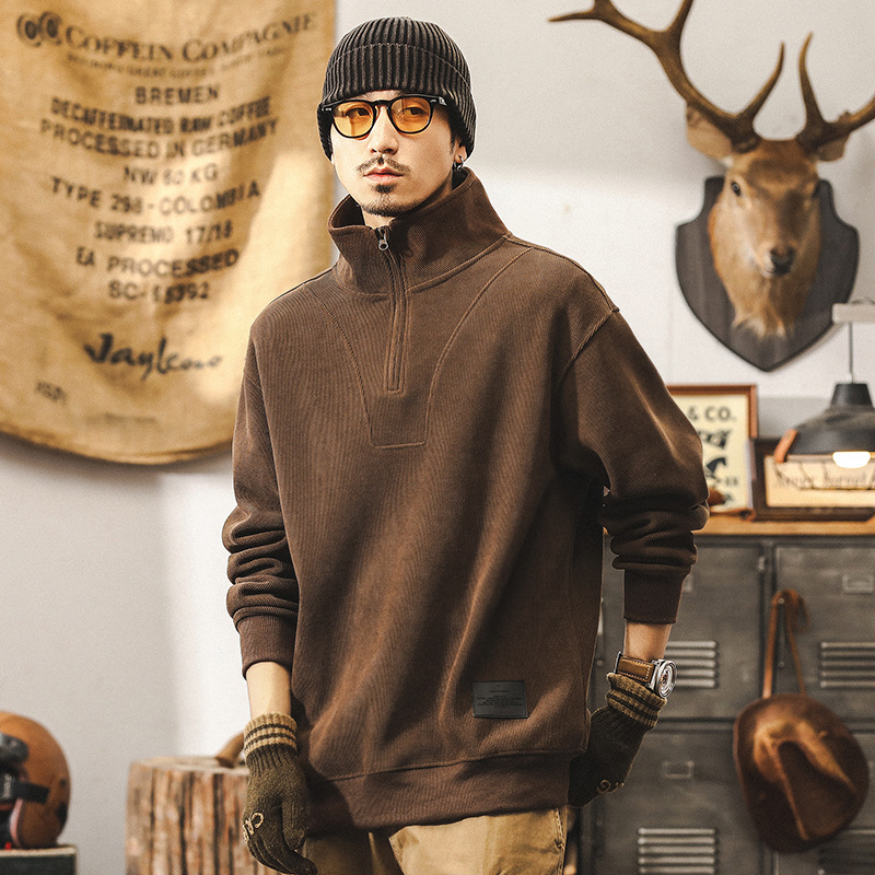 美式復古雪尼爾360g重磅半高領衛衣男冬季加厚條絨寬鬆大碼外套男