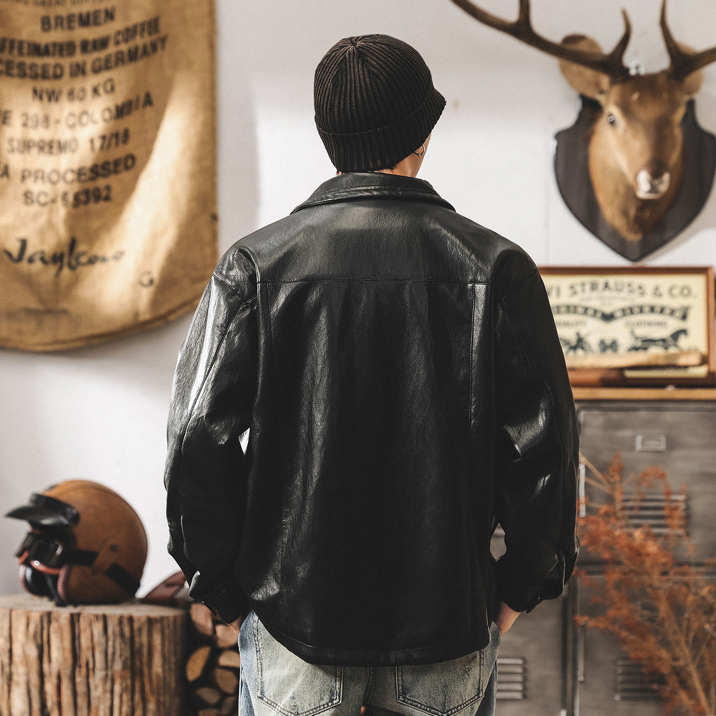 美式復古軟皮衣外套男春秋款寬鬆機車服潮流高級感襯衫型皮夾克男