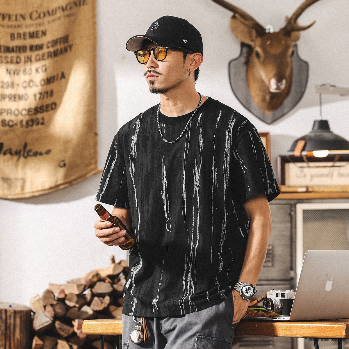 高級感提花男士短袖t恤夏季2025新款潮流美式上衣男休閒半袖體恤