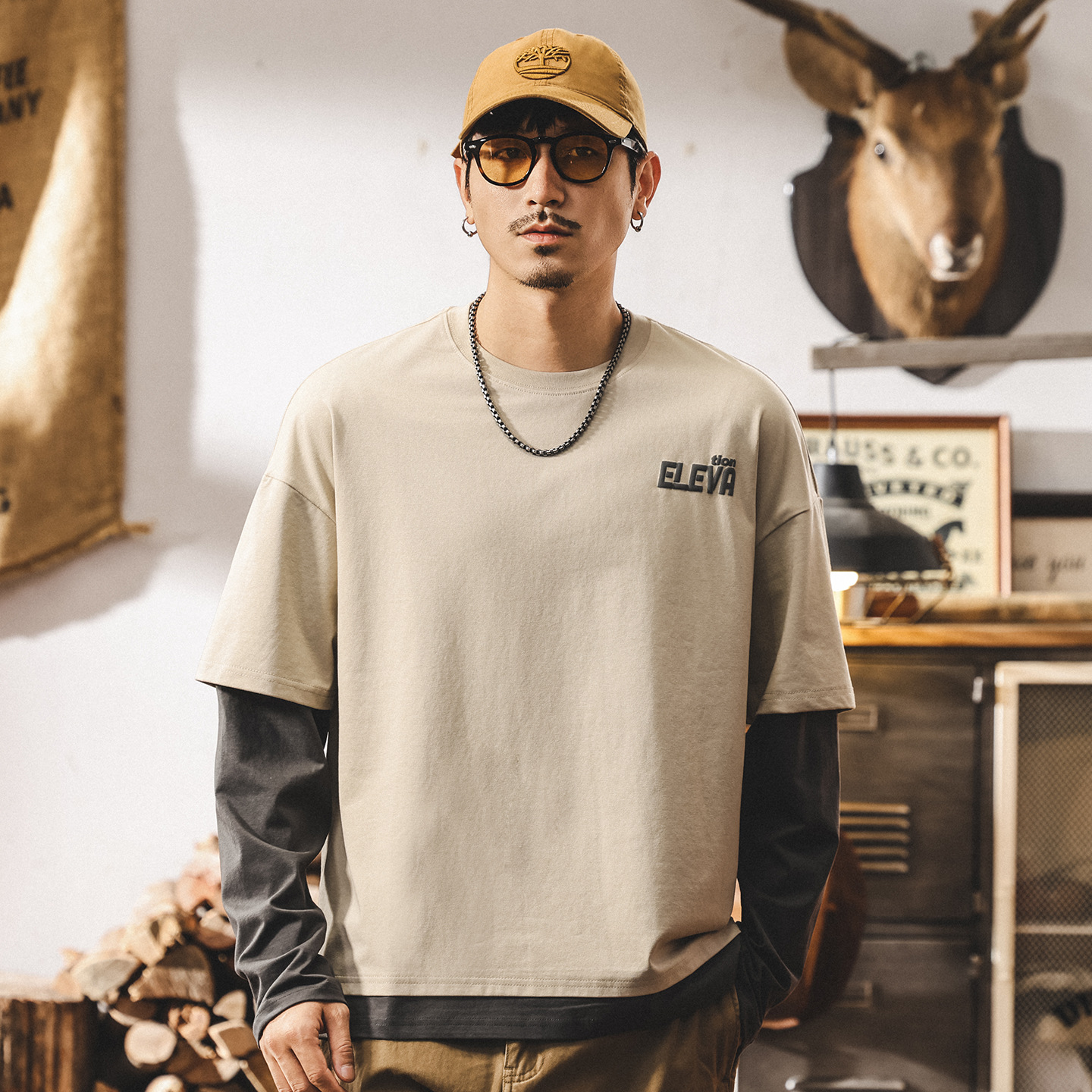 美式復古假兩件長袖t恤男春秋2025新款寬鬆大碼潮牌拼接秋季上衣T