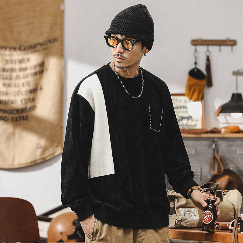 美式重磅華夫格衛衣男春秋款潮牌高級感拼接撞色寬松休閑男士上衣