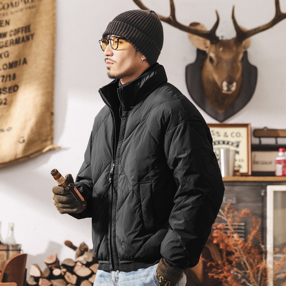 美式復古假兩件羽絨服男冬季90%純白鴨絨男士麵包服禦寒保暖外套