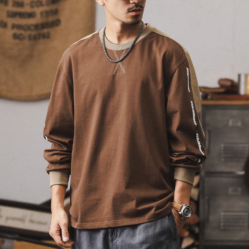 傑雷諾美式複古撞色拼接長袖t恤男潮牌寬松休閑上衣秋季男裝