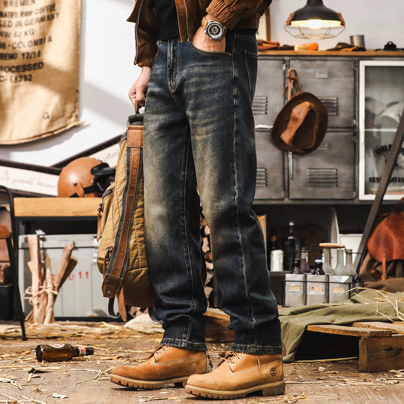 美式復古重磅高端牛仔褲男秋季2024秋季新款直筒做舊水洗休閒長褲