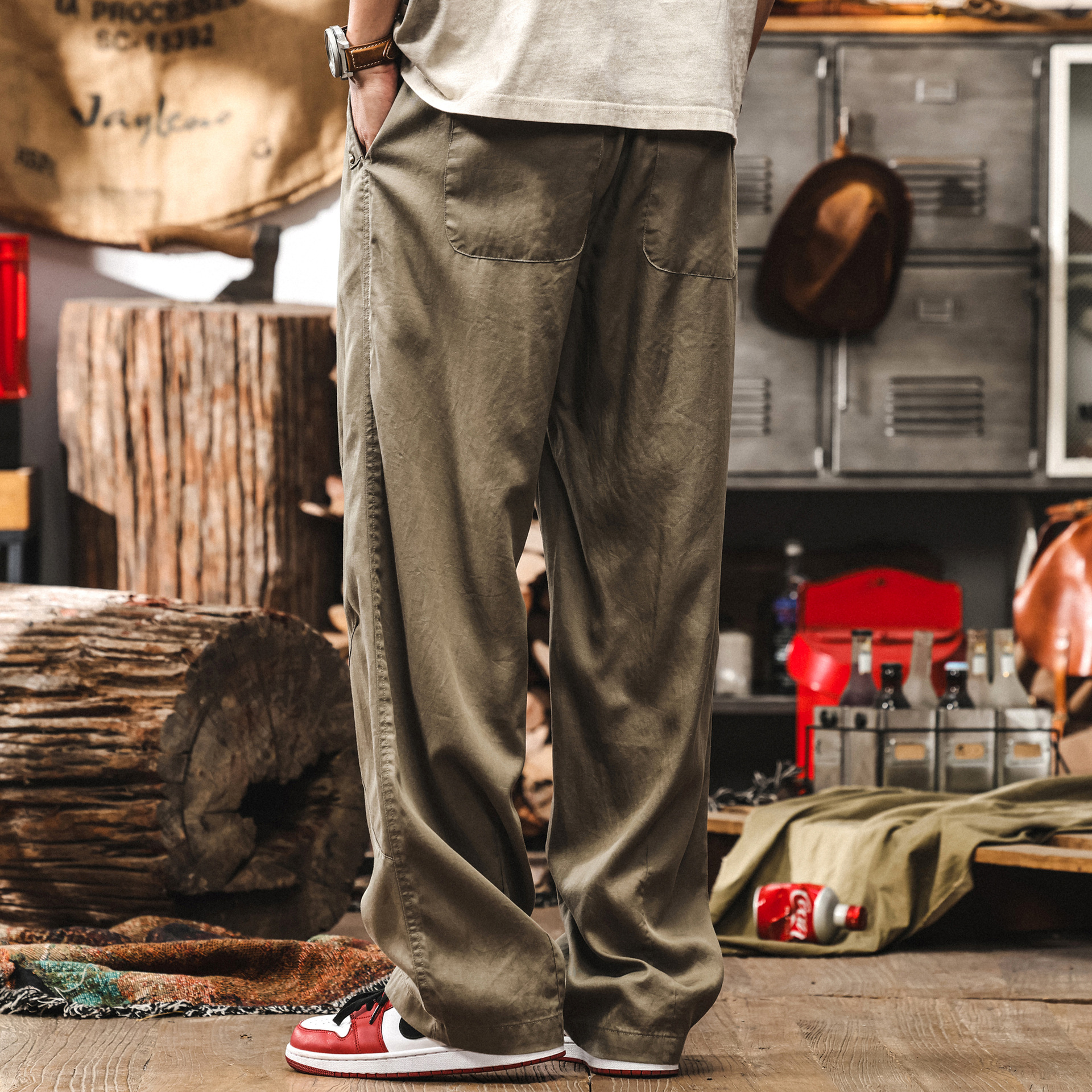 萊賽爾親膚冰絲亞麻褲子男夏季薄款美式復古寬鬆直筒男士休閒長褲