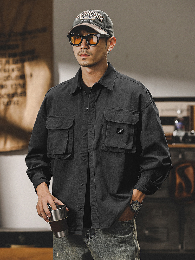 美式休閒工作服襯衫夾克男春季2024新款寬鬆潮牌夾克男春秋長袖襯