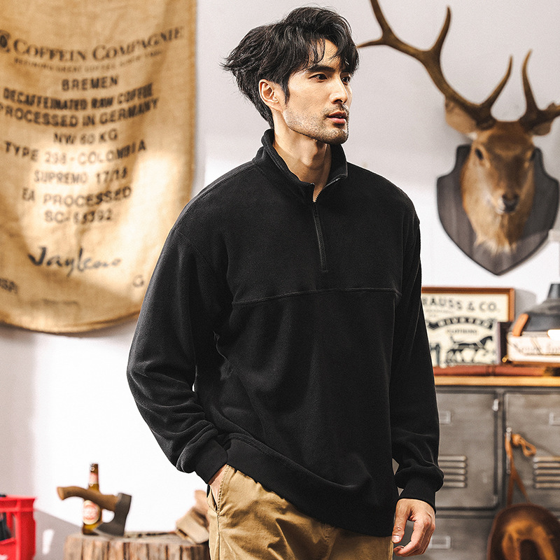 美式復古重磅加絨衛衣男冬季加厚半拉鍊抓絨衣男潮牌男士秋冬外套