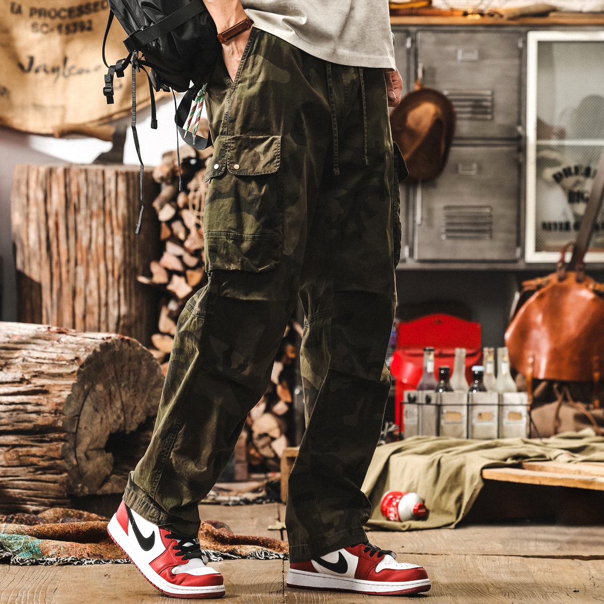 美式復古多口袋迷彩工裝褲子男夏季潮牌戶外戰術寬鬆直筒休閒長褲