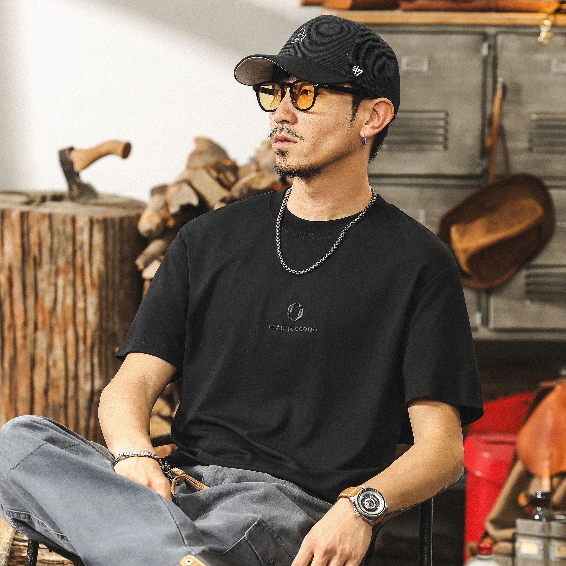 高級感桑蠶絲軟糯親膚短袖T恤男士夏季潮牌簡約刺繡寬鬆男士上衣