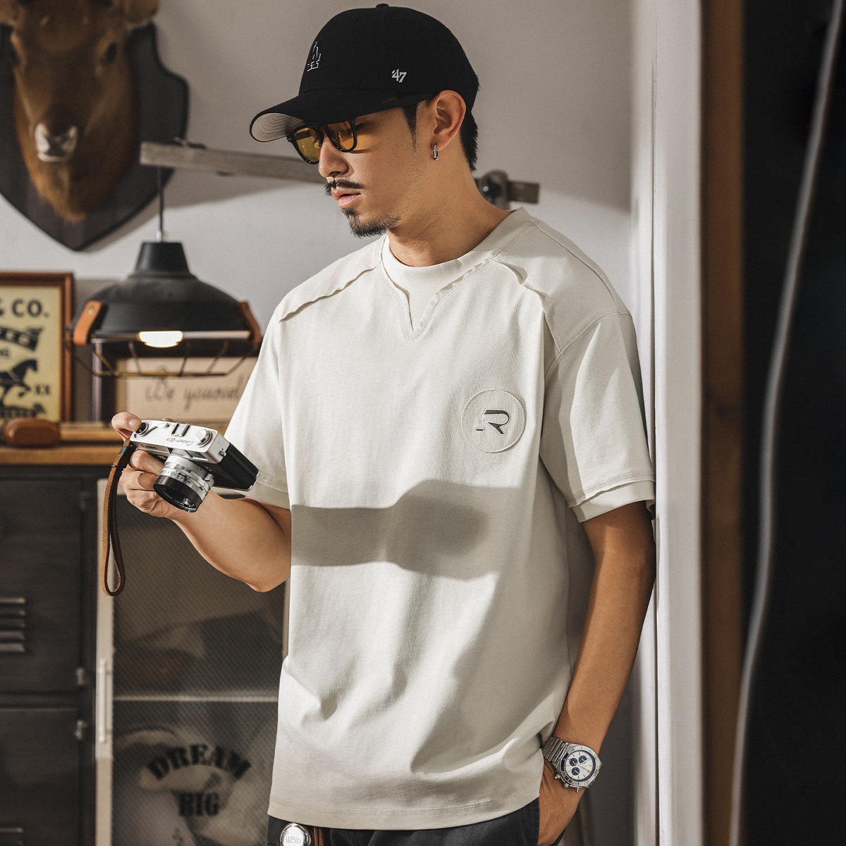 美式復古重磅T恤男士短袖寬鬆夏季新款拼接潮牌假兩件半袖男上衣T