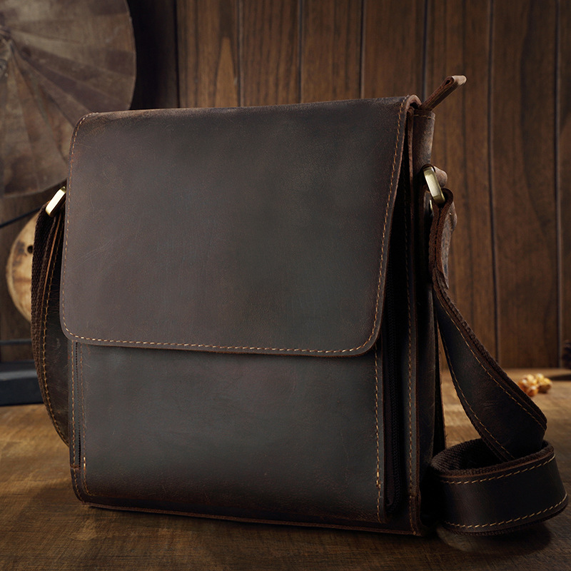 原創瘋馬皮真皮男士包包單肩斜挎牛皮包男簡約商務休閒英倫風時尚