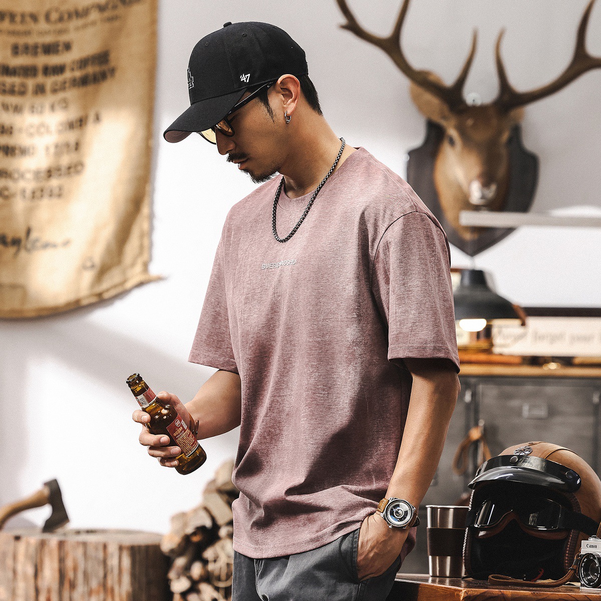 多巴胺粉色高級感短袖T恤男夏季美式潮牌2025新款潮流寬鬆上衣男