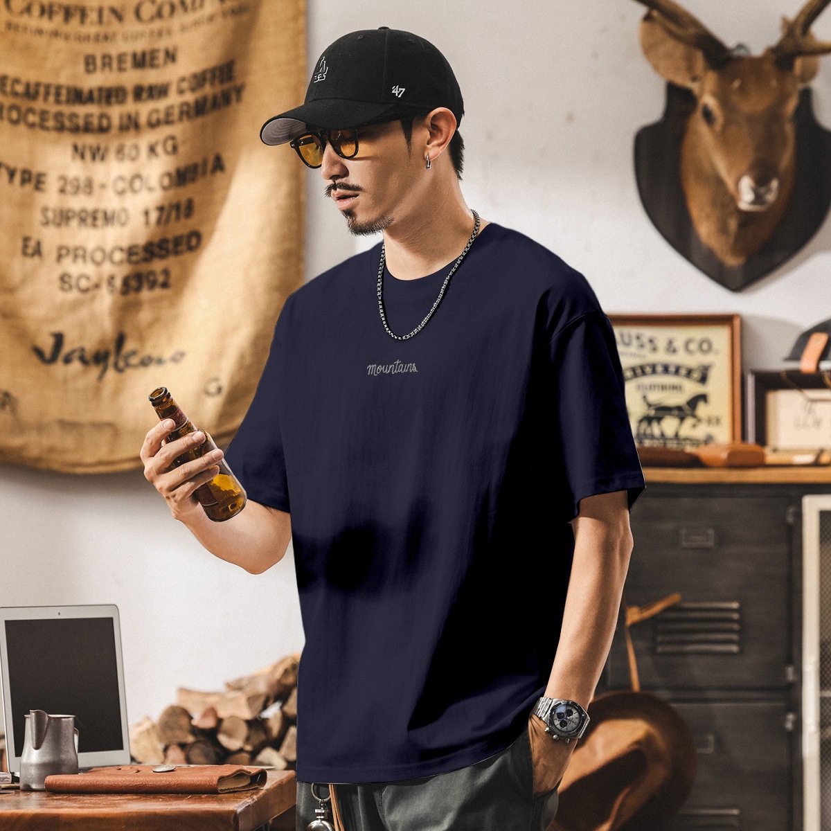 美式潮流短袖t恤男夏季新款260g半袖山系印花男士休閒上衣潮