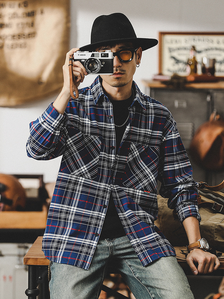 杰雷諾美式復古長袖襯衫男潮牌上衣男士2024碳素磨毛英倫休閒襯衣