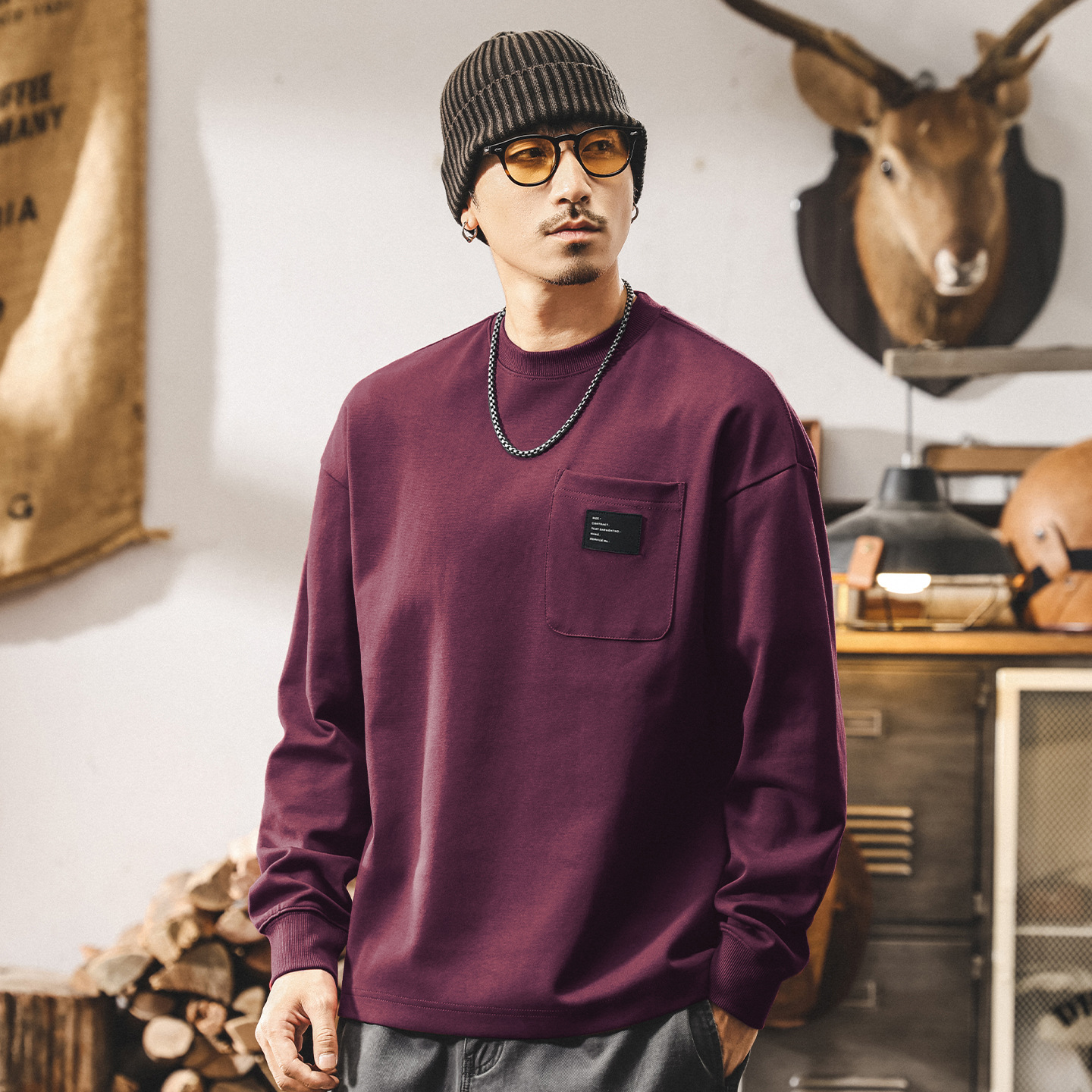 美式復古重磅衛衣男春秋2025新款長袖t恤男秋季寬鬆大碼潮流上衣T