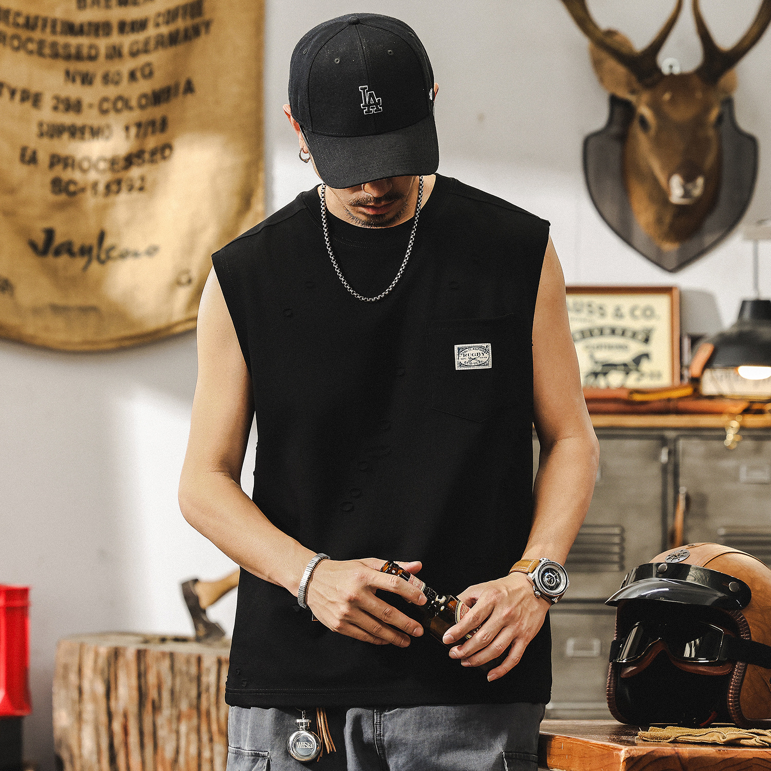 美式復古破洞肌理感健身背心男款夏季運動坎肩馬甲潮牌寬鬆T恤男