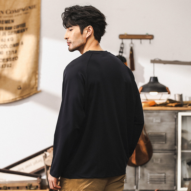 美式復古亨利領長袖T恤男秋季潮牌硬漢戶外透氣薄款男士寬鬆上衣