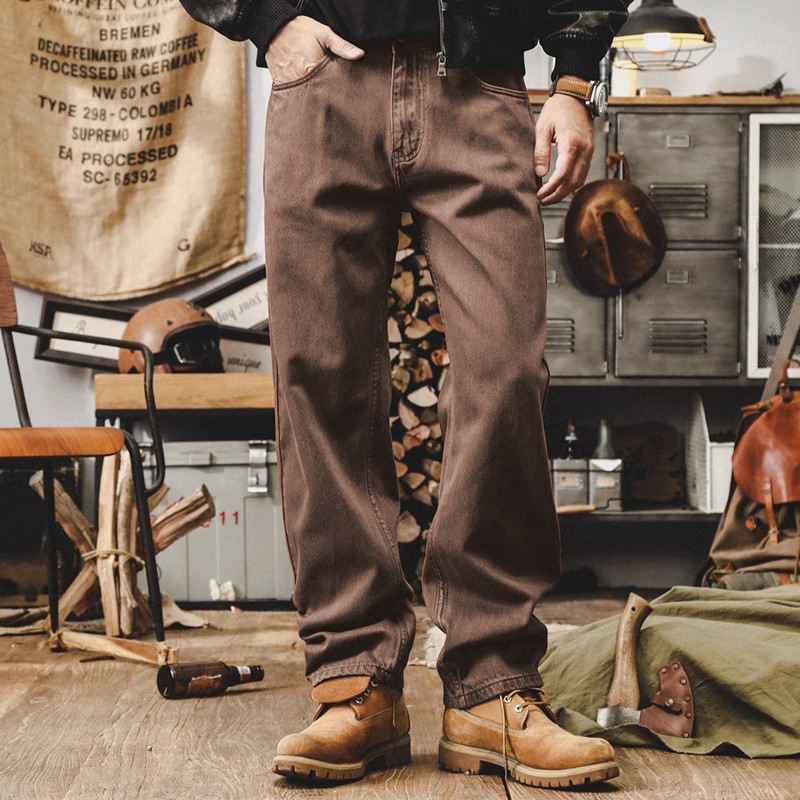 美式復古紫色牛仔褲男寬鬆直筒重磅工裝褲子男秋季丹寧潮流休閒褲