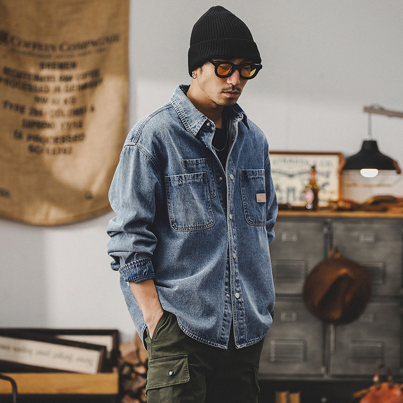 美式牛仔襯衫男長袖寬鬆潮牌經典工裝夾克男春季新款男士休閒外套