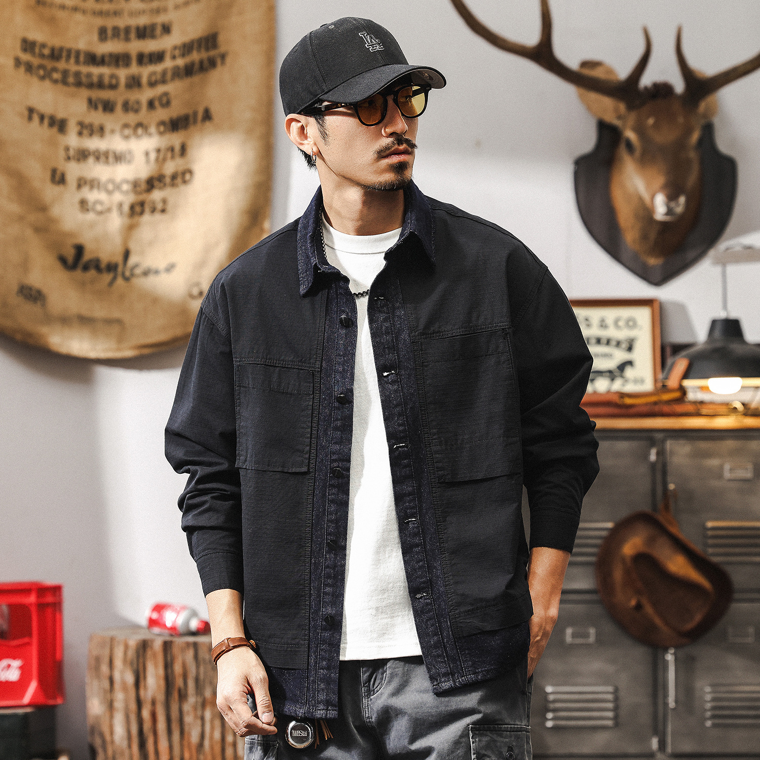 美式復古假兩件牛仔外套男春秋潮牌2025新款痞帥秋季寬鬆長袖襯衫