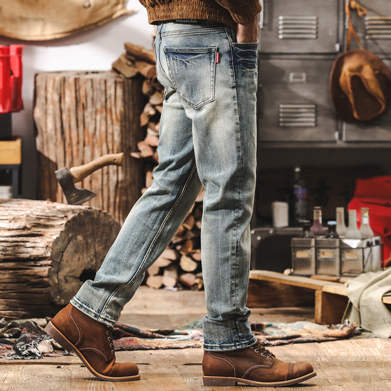 美式復古經典做舊水洗牛仔褲男秋季新款男士休閒褲修身機車長褲潮