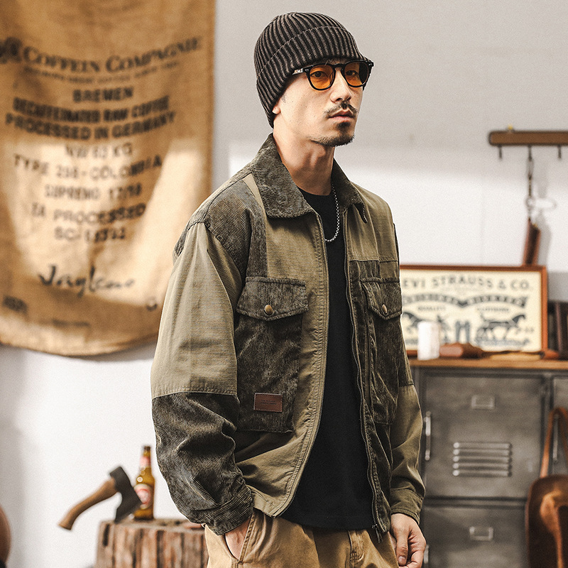 美式重磅復古燈芯絨工裝外套男秋冬款潮流拼接寬鬆休閒夾克男秋季