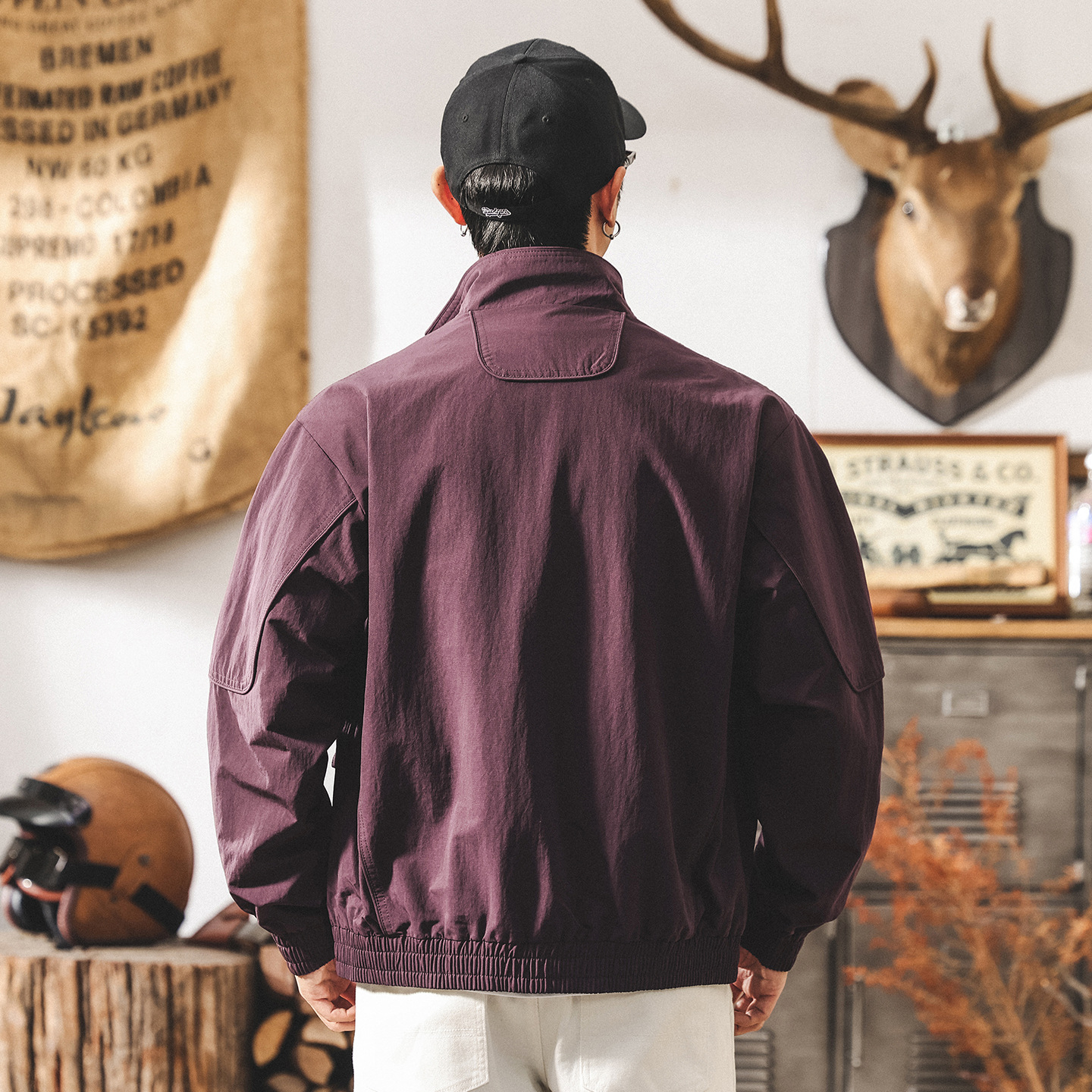 美式復古紫色外套男春秋2025新款潮牌城市通勤立領寬鬆教練夾克男