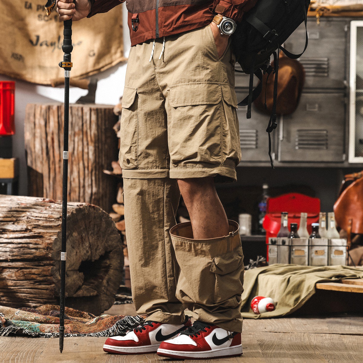 戶外可拆卸兩穿工裝褲子男夏季機能風直筒休閒褲寬鬆冰絲速幹長褲