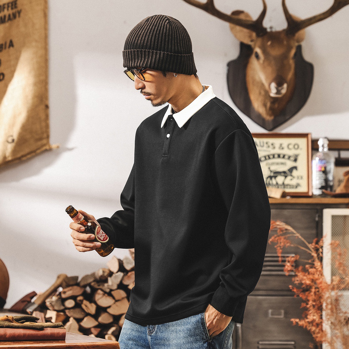 美式復古重磅假兩件衛衣男潮牌春秋新款寬鬆長袖Polo衫男士上衣潮