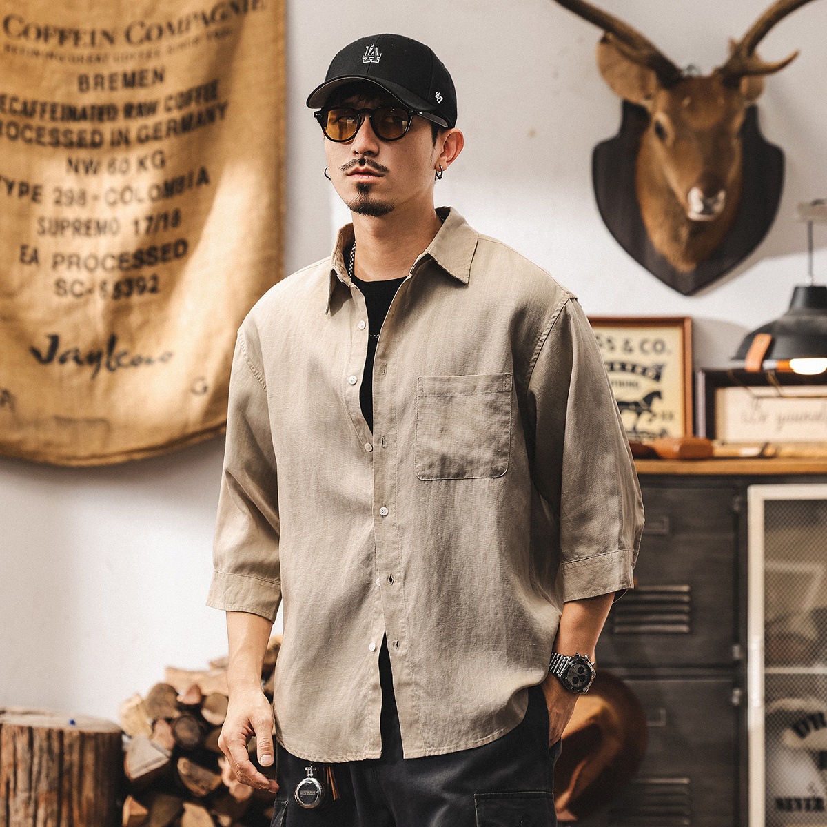 夏季新款中式國風亞麻襯衫男士短袖萊賽爾天絲薄款七分袖男士襯衣