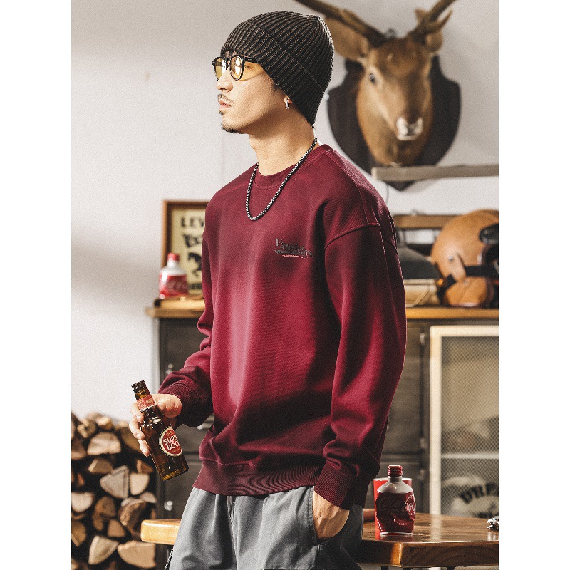 安可拉紅重磅圓領衛衣男春秋新款美式復古潮流髒染寬鬆大碼上衣男