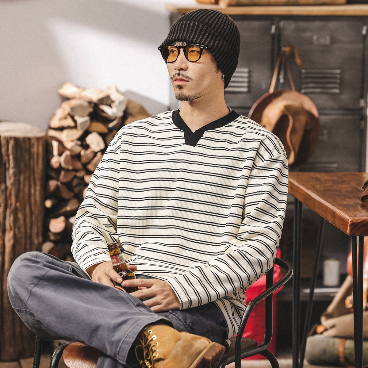 美式復古海魂條紋長袖t恤男2025新款秋季潮牌設計感寬鬆v領上衣男