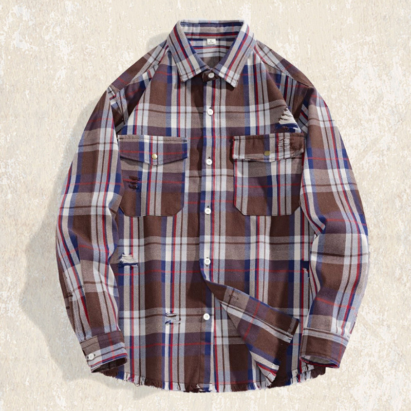 美式復古18支高密粗紡戰損破洞襯衫男長袖秋季潮牌寬鬆格子襯衣男