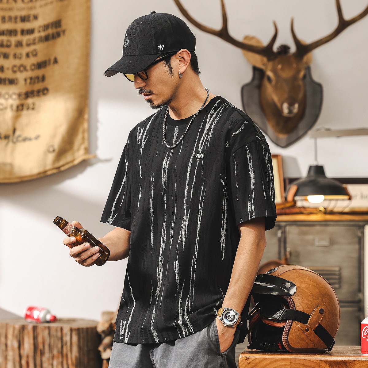 美式復古潮牌提花短袖T恤男夏季2025新款潮流高級感痞帥寬鬆上衣