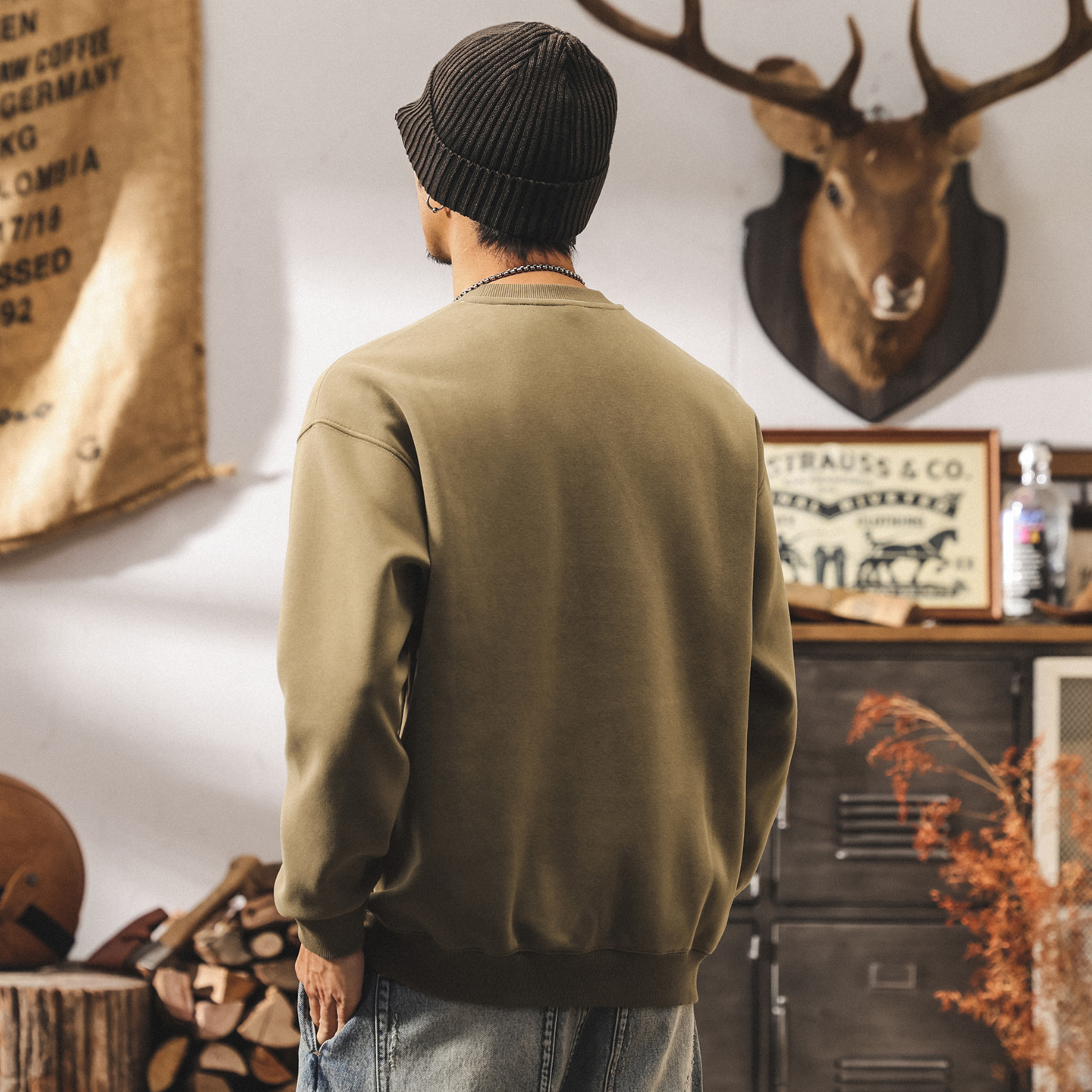 美式復古380g重磅圓領衛衣男春秋新款簡約拼接寬鬆休閒早秋上衣男