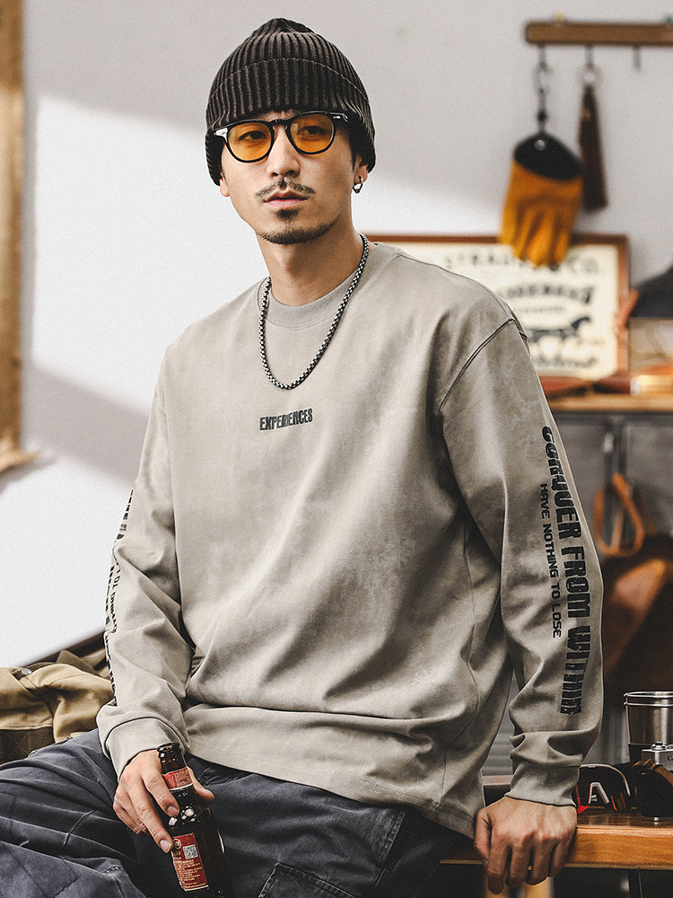 美式複古長袖T恤男春秋季做舊印花上衣T潮牌寬松休閑衣服男款潮流