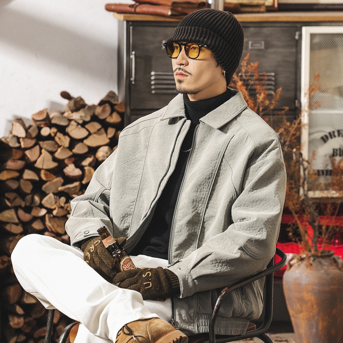 美式復古高級感荔枝紋棉服男士棉衣冬季加厚保暖機車皮夾克外套男