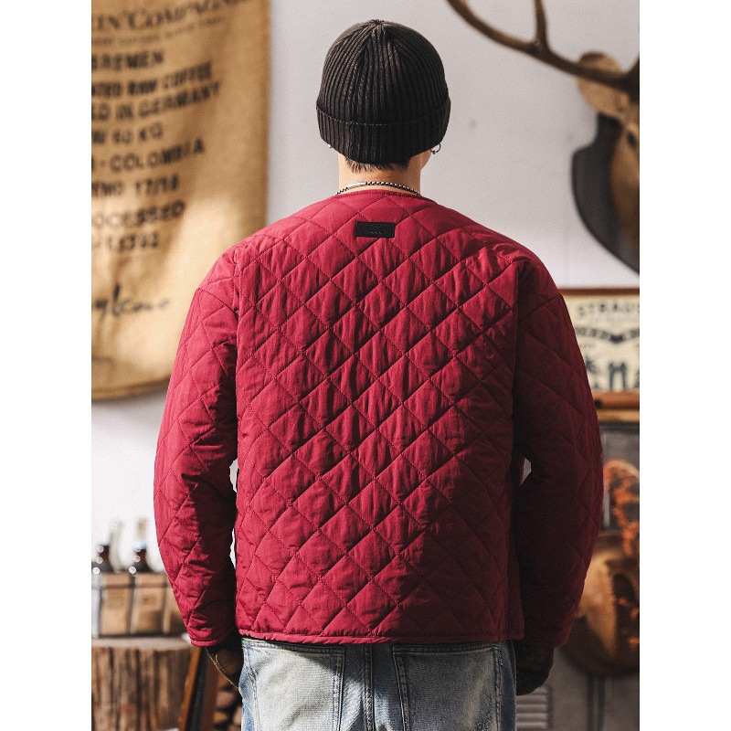 美式復古紅色菱形格內膽夾克棉衣男冬季輕薄款保暖休閒棉服外套男