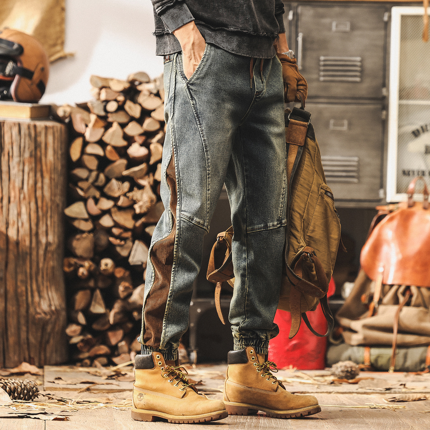 美式復古牛仔褲男2025新款春秋潮牌做舊拼接工裝褲子男秋季休閒褲