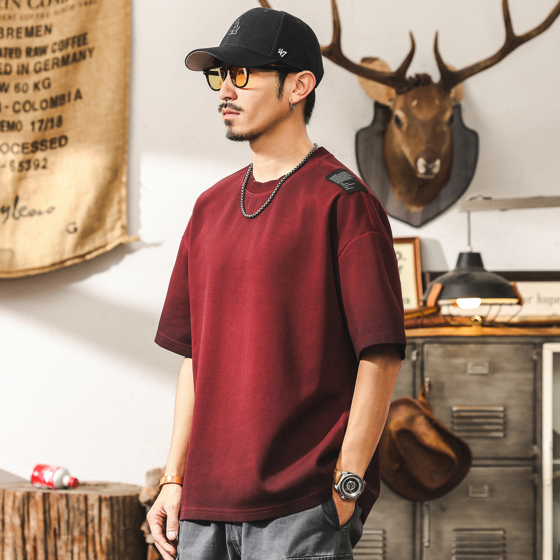 300g重磅T恤男短袖男士夏季寬鬆潮牌安可拉紅髒髒洗美式復古上衣