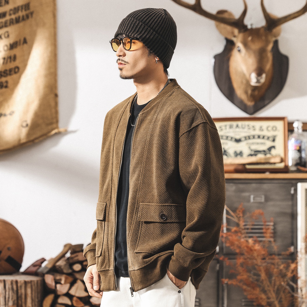 美式覆古歐棉絨重磅開衫衛衣男秋季新款潮流提花棒球服外套男春秋