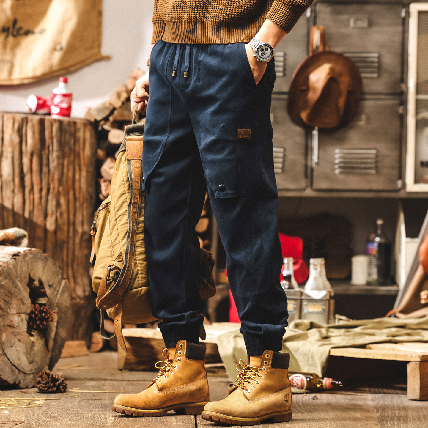 美式復古藏青色工裝褲子男士2025秋季潮牌寬鬆直筒束腳男士休閒褲
