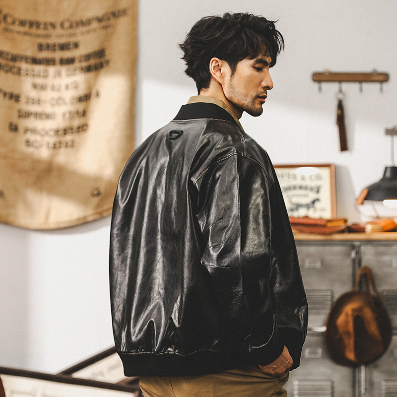 美式復古做舊機車皮衣外套男寬鬆秋季潮牌硬漢潮流飛行員夾克男款