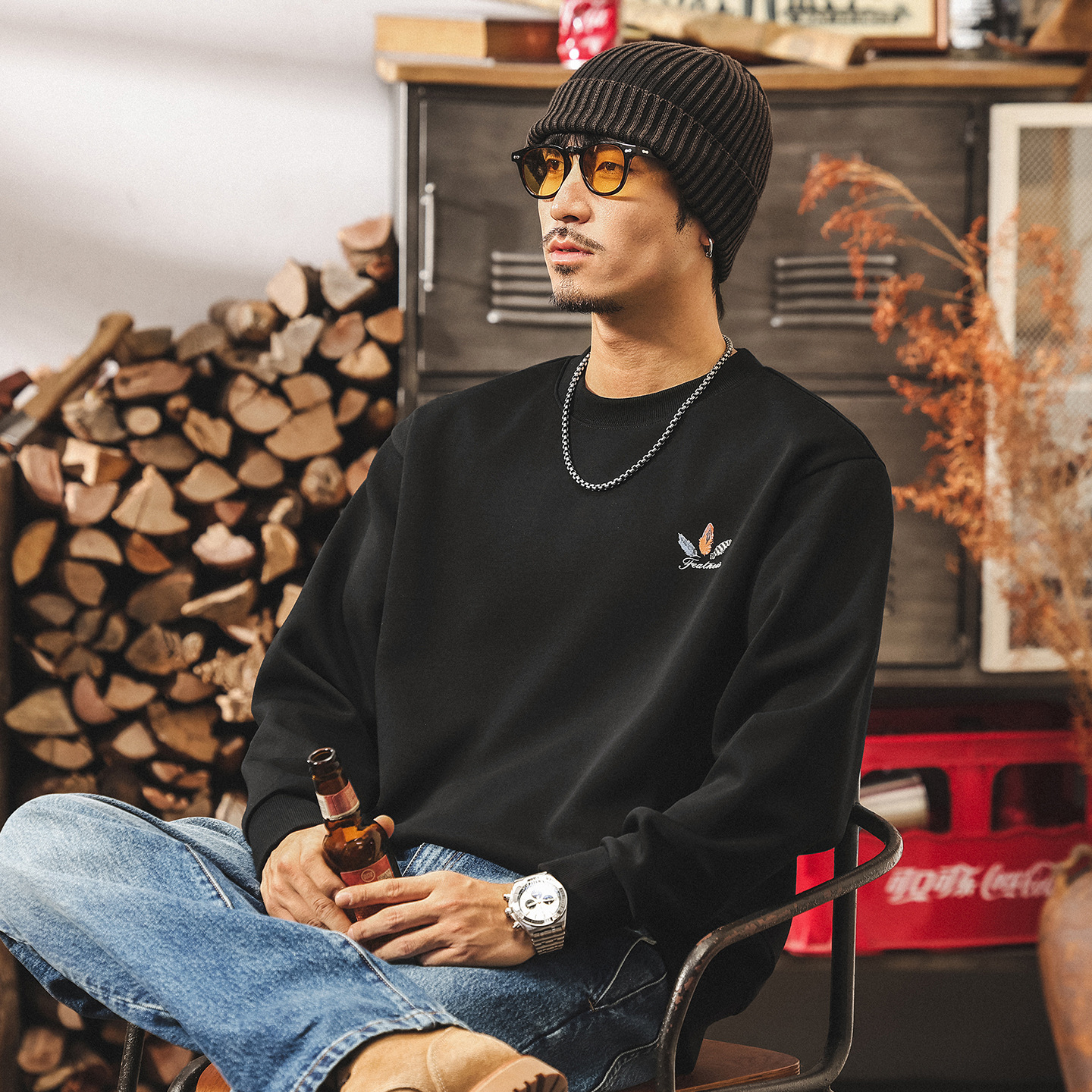 美式復古360g重磅衛衣男春秋新款潮流印花寬鬆圓領套頭長袖上衣男