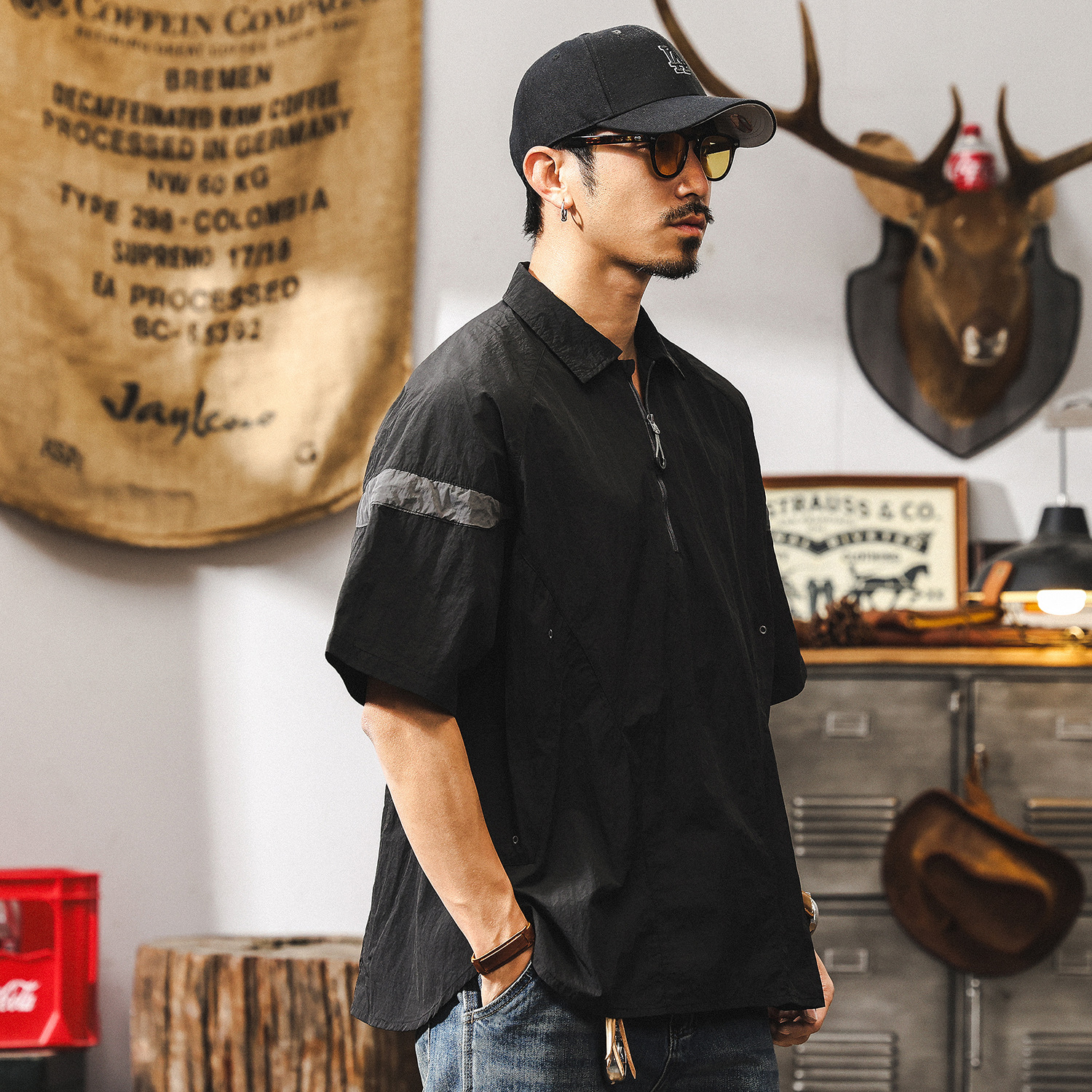 美式復古半拉鍊男士polo衫短袖男夏季薄款彈力戶外機能速乾T恤男